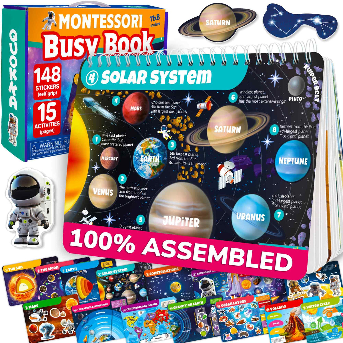 QUOKKA Montessori Busy Book cover showcasing 15 themes for engaging early learning