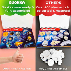 QUOKKA Montessori Busy Book opened pages showing interactive activities for independent play
