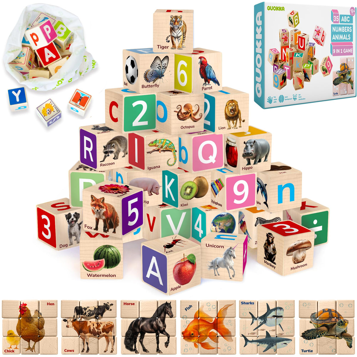 QUOKKA Montessori wooden blocks with alphabet letters and animals on a peg-board for early learning.