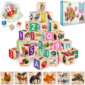 QUOKKA Montessori wooden blocks with alphabet letters and animals on a peg-board for early learning.