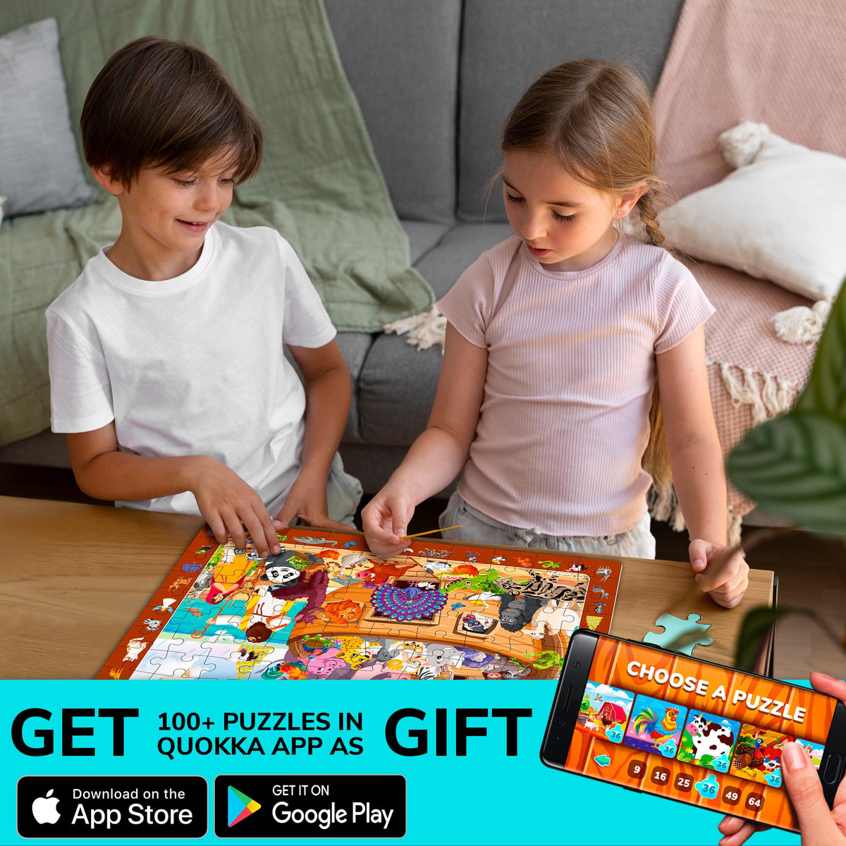 Close-up of QUOKKA 60-piece puzzle pieces for kids ages 5-8