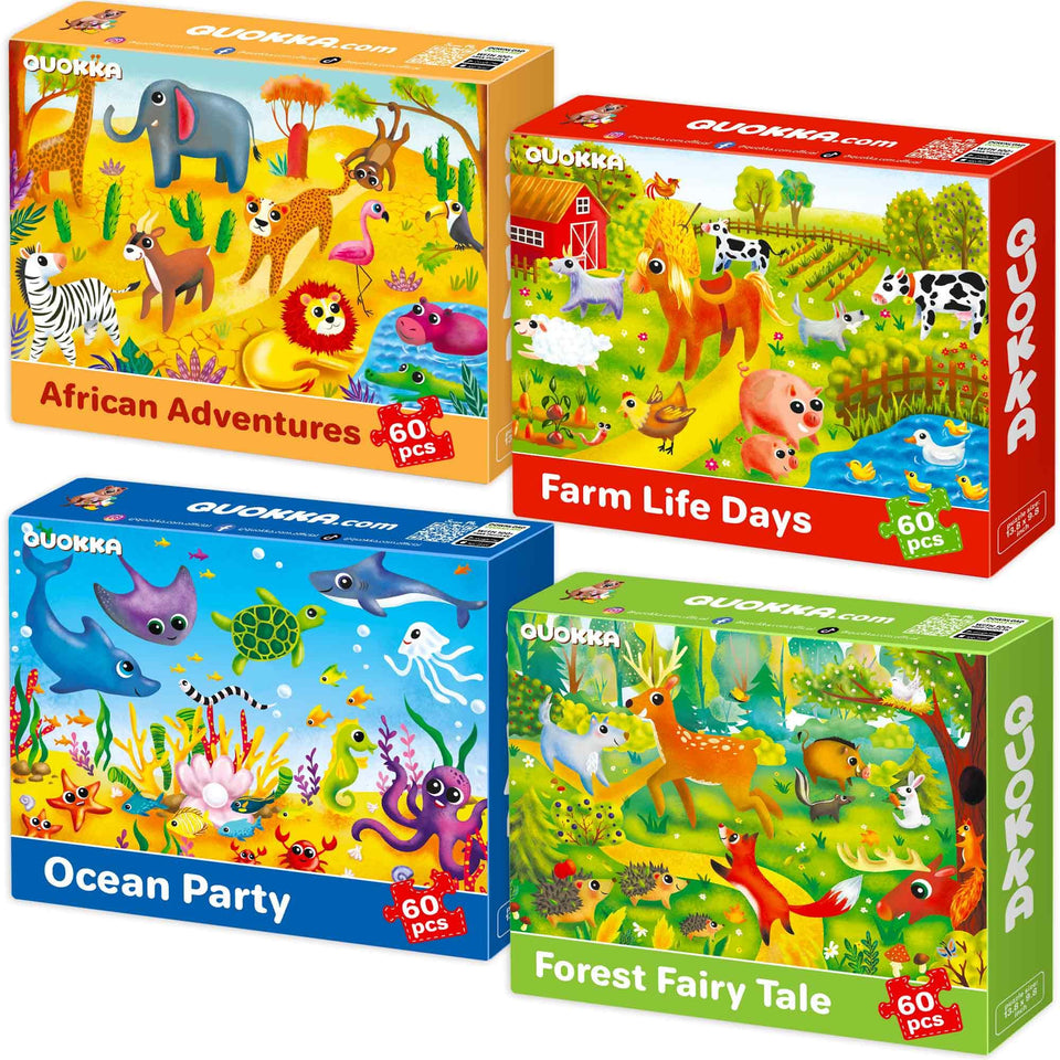 QUOKKA animal collection 4x60 puzzle set: colorful pieces support fine motor skills.