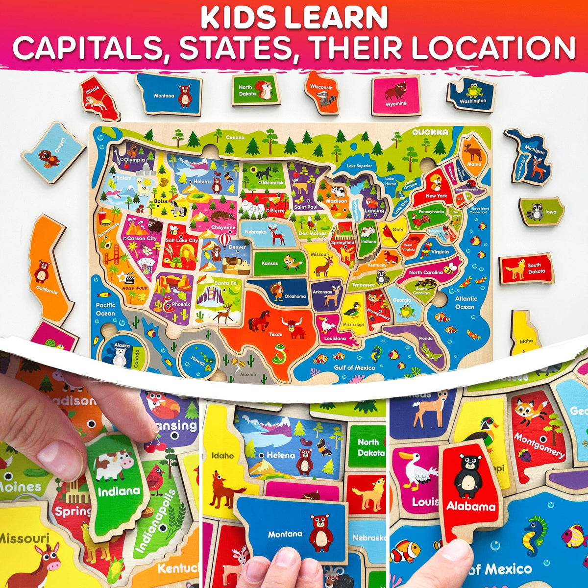QUOKKA Puzzles US states with capitals helps memorize locations through engaging play