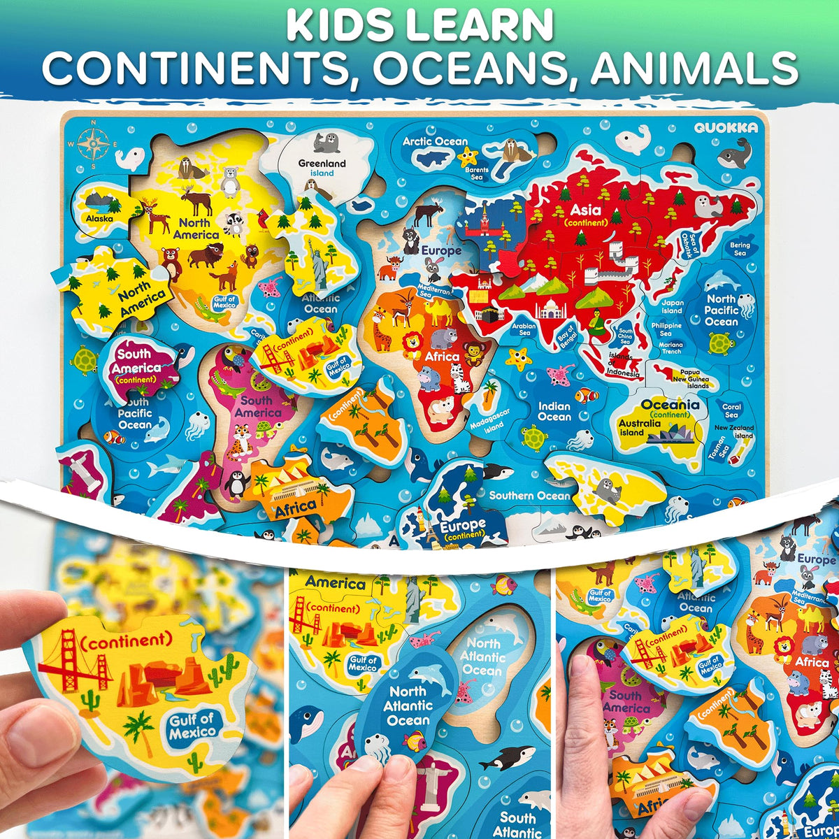 QUOKKA Puzzles world map features continents and oceans to spark geography curiosity