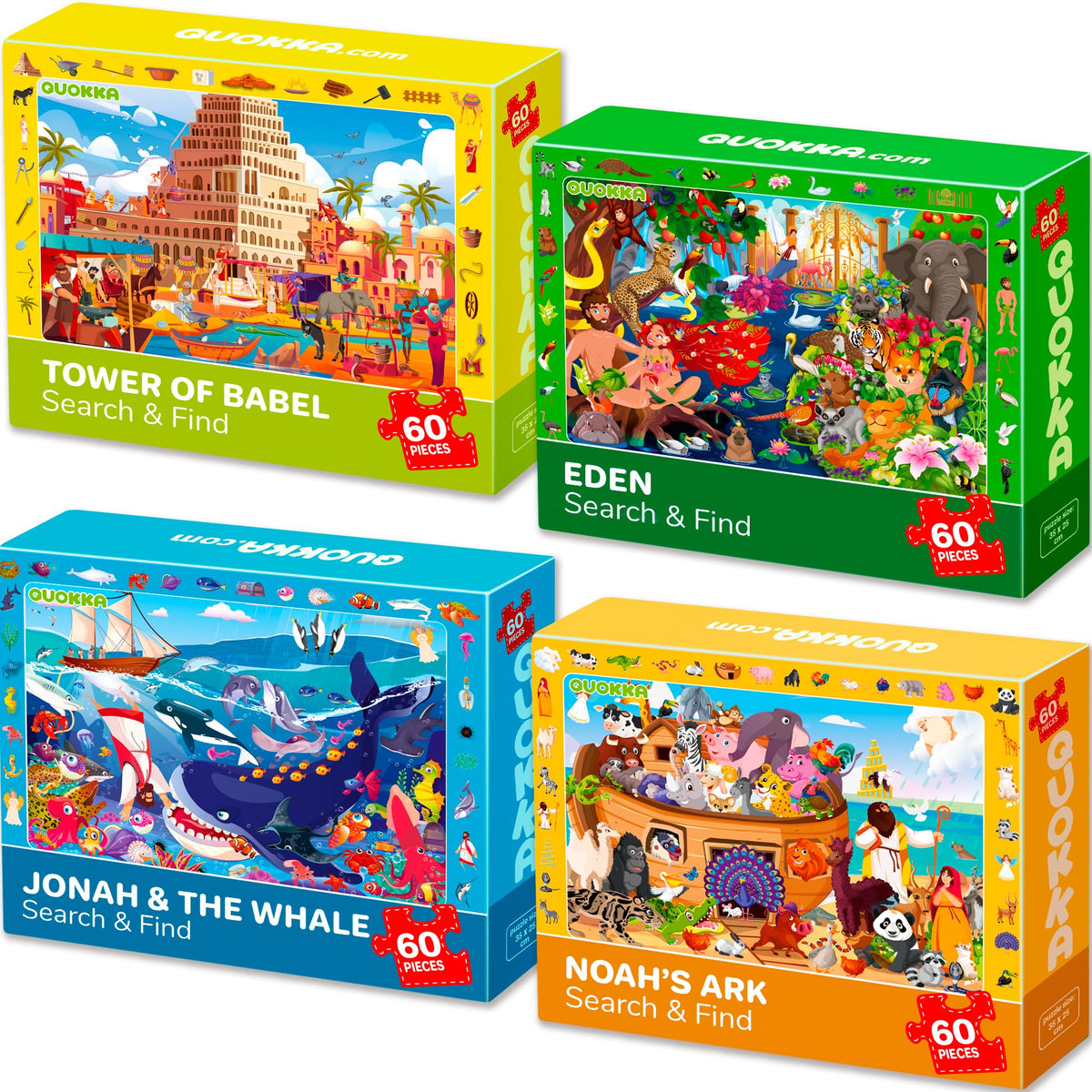 QUOKKA Tower of Babel puzzle shown with bright pieces for spatial reasoning