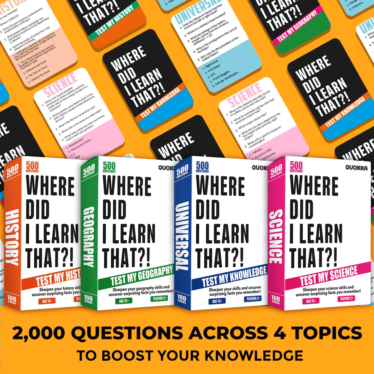 Quokka trivia question cards spread on a table for group play.