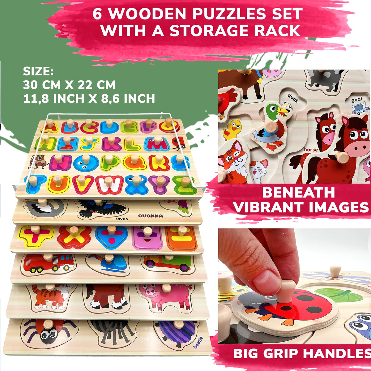 QUOKKA wooden puzzles for toddlers with vehicles boost recognition and hand-eye coordination.