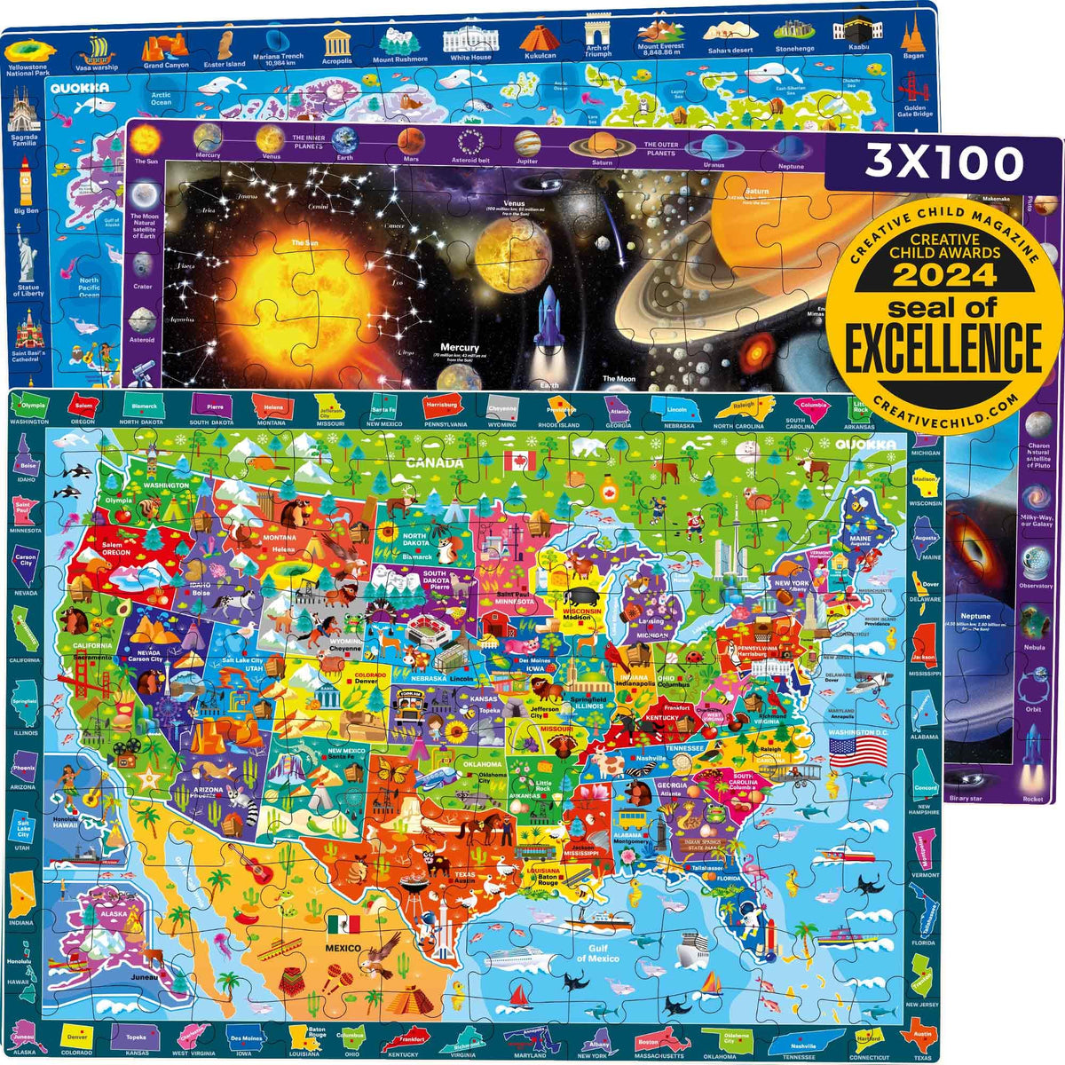 QUOKKA world map puzzle 3-pack on the floor for geography exploration