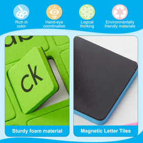 QUYSK letter tiles close-up showing foam letters for hands-on spelling.