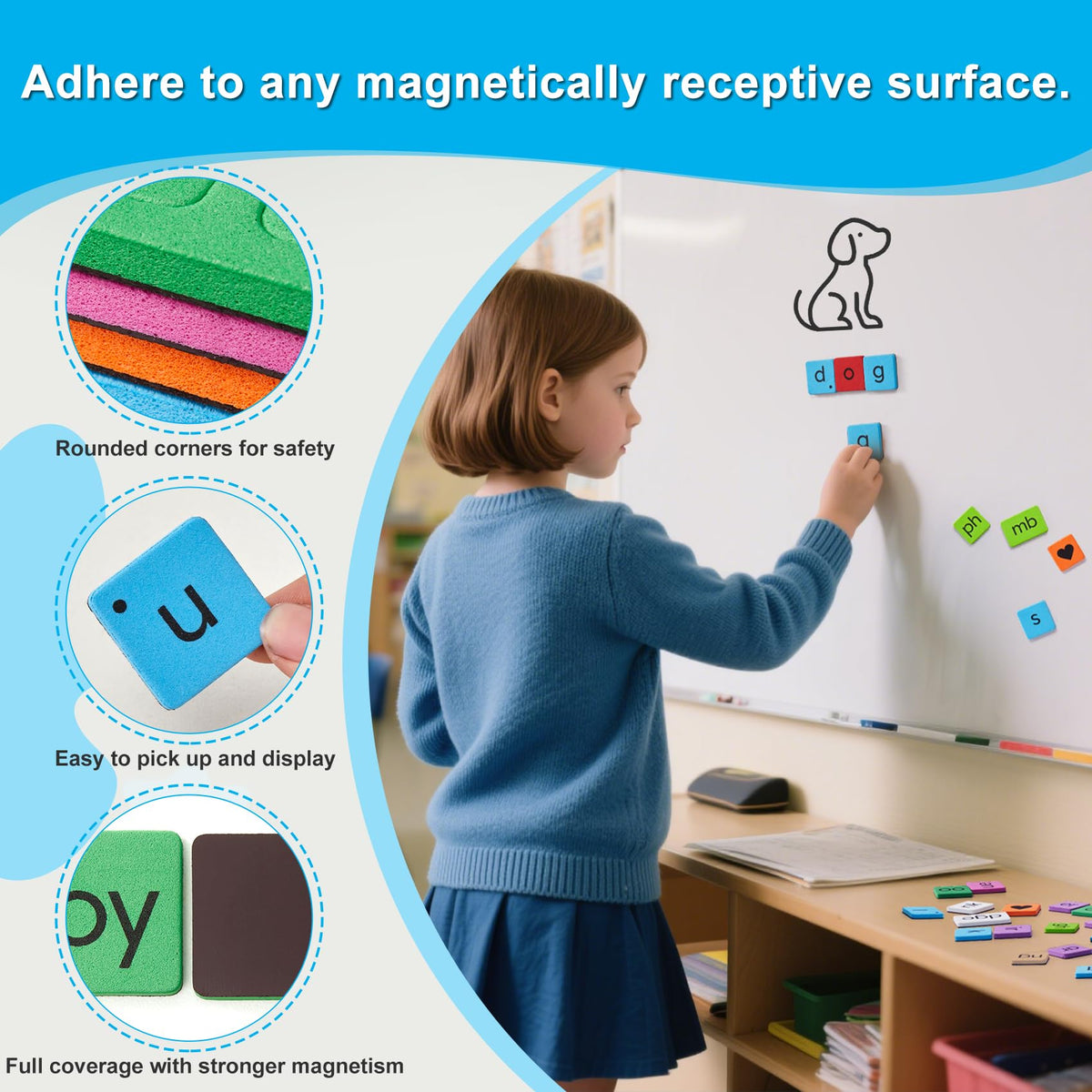 QUYSK color-coded phonics tiles illustrating blends and digraphs.