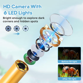 Qvireno borescope with adjustable LED lighting for dark corners.