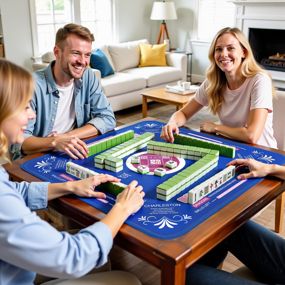 Qwiayeal Mahjong Mat on table shows versatile tabletop use.