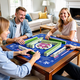 Qwiayeal Mahjong Mat on table shows versatile tabletop use.