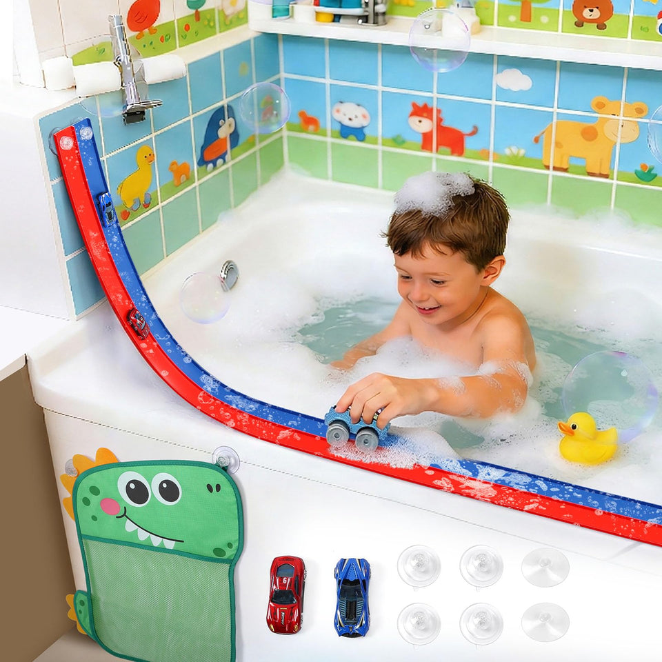 QWM race car bath toy set for engaging bath time play