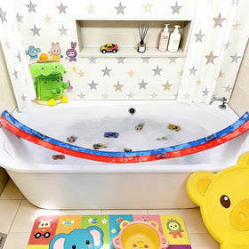 QWM two toy racing cars pair with the track for fast bath fun