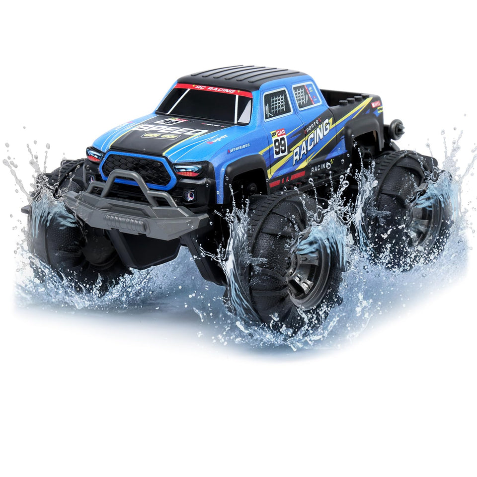 QXHOL Waterproof Monster Truck RC car front view shows rugged design ideal for all-terrain play.