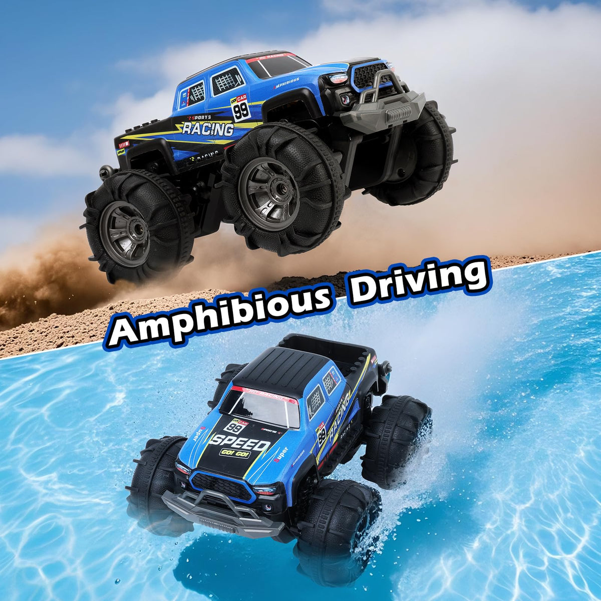 QXHOL Waterproof Monster Truck RC car side view emphasizes durability for rough handling.