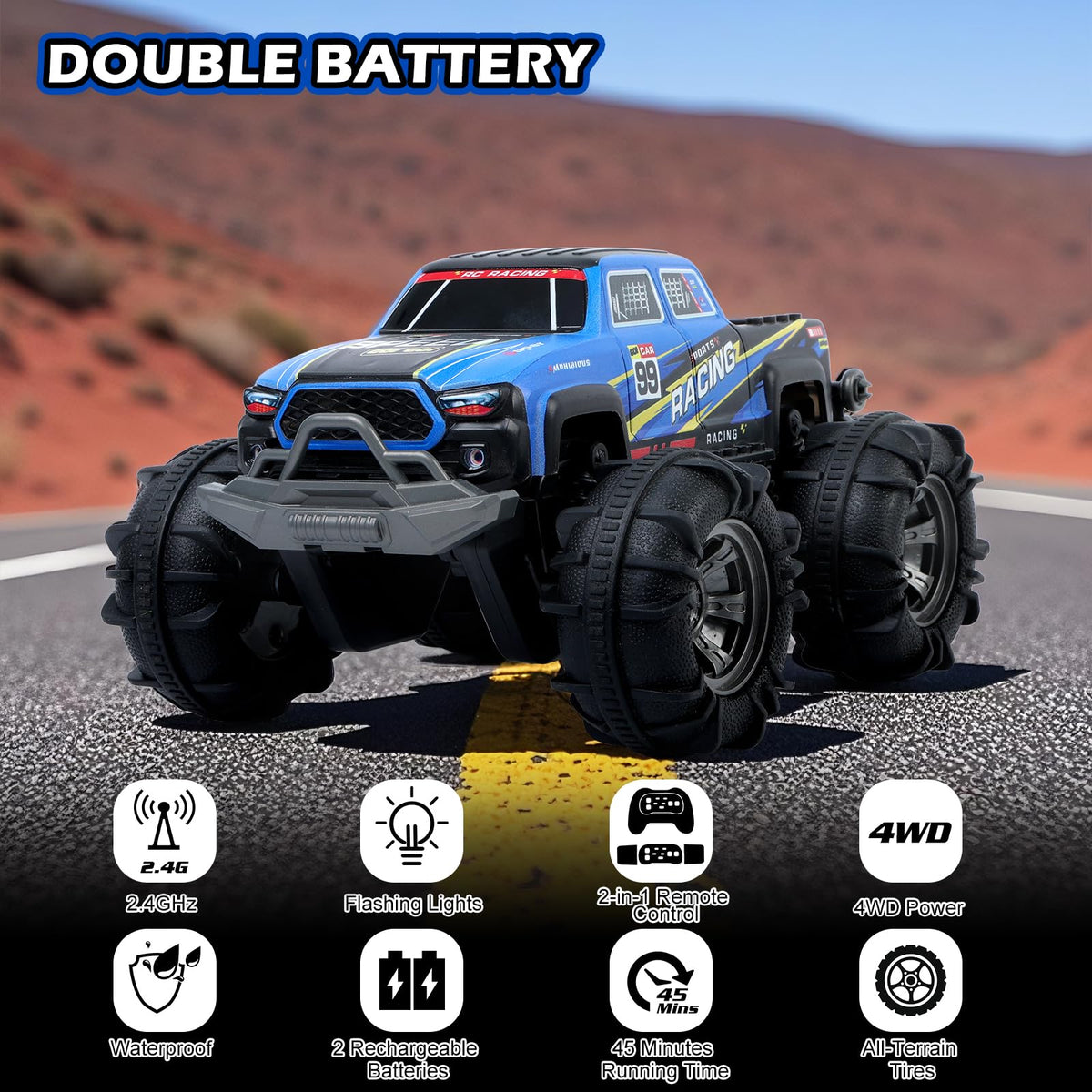 QXHOL waterproof monster truck rc car top view showcases compact control-ready chassis.