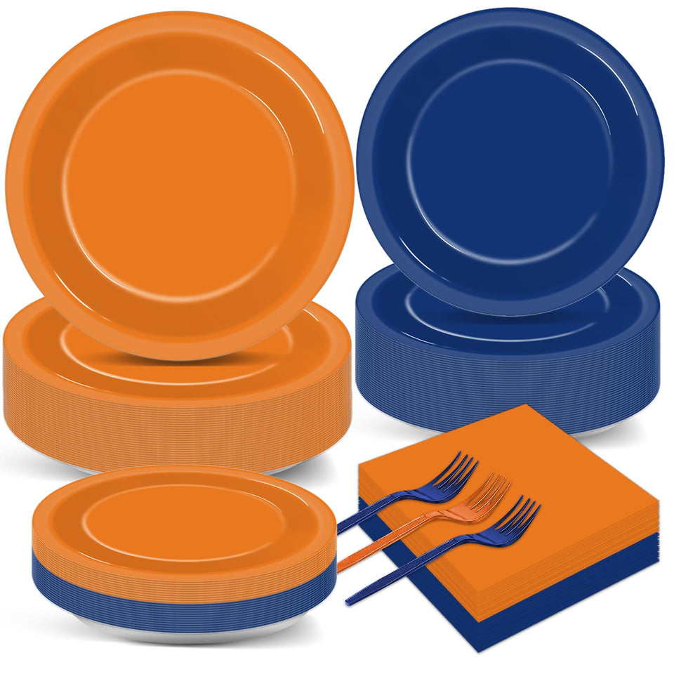 Qyeahkj orange blue 9-inch plates for a bold dart war party dining setup.