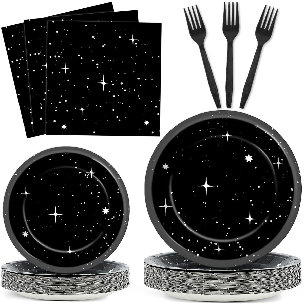 Qyeahkj galaxy plates 9in create a sturdy, disposable dinner setting for a space-themed tablescape.