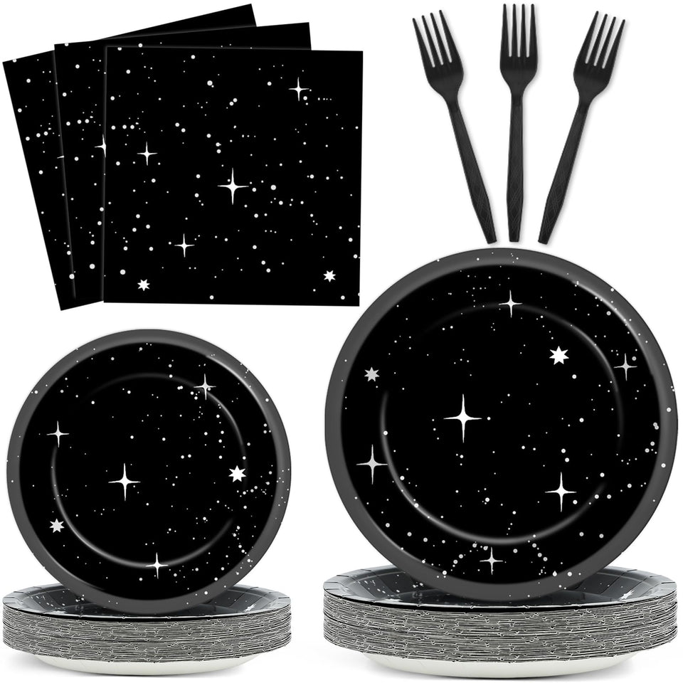 Qyeahkj galaxy plates 9in create a sturdy, disposable dinner setting for a space-themed tablescape.