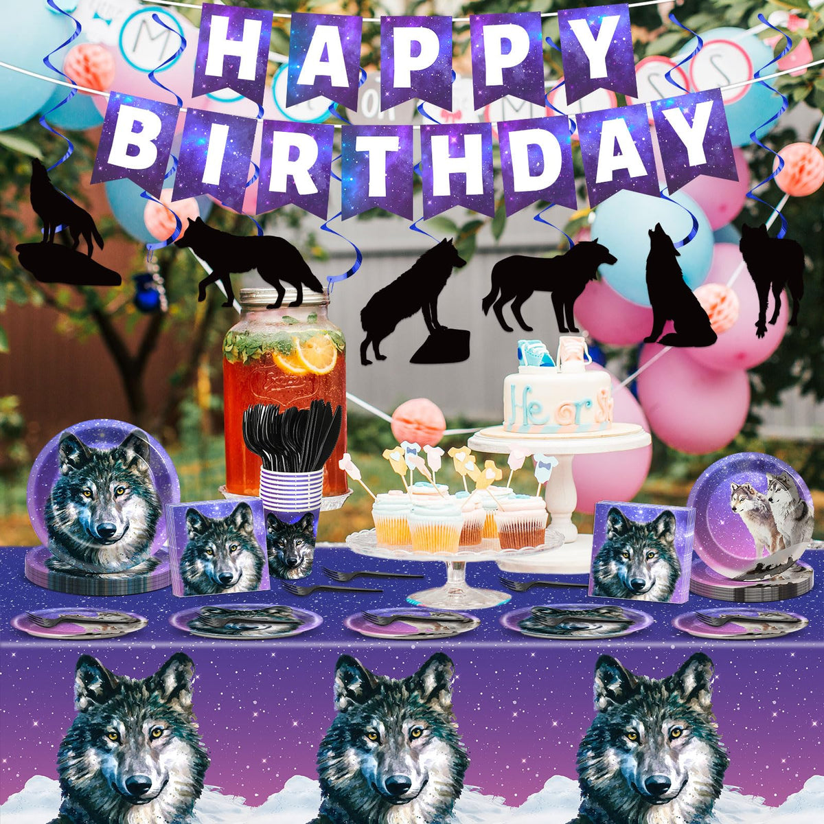 Qyeahkj Wolf birthday banner adds bold color for photos.
