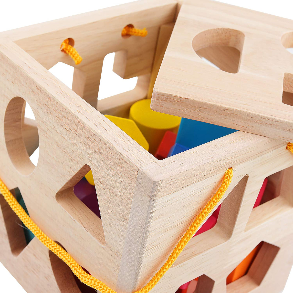 QZMTOY hinged lid shape sorter keeps pieces secure for easy cleanup.