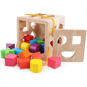QZMTOY solid wood shape sorter emphasizes durability and tactile textures.