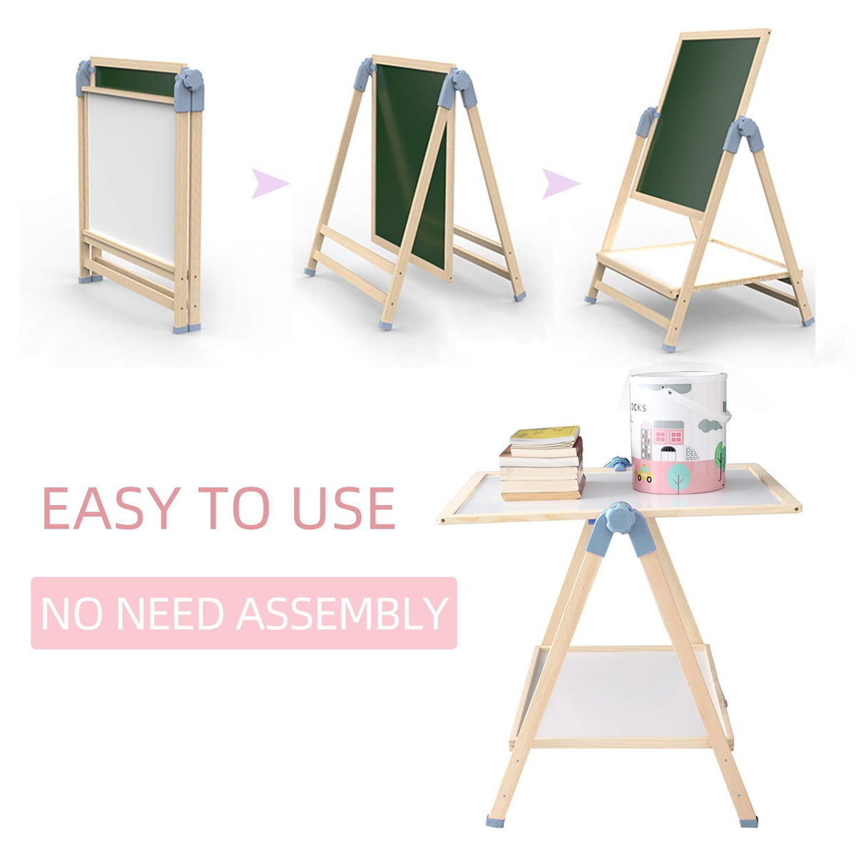 QZMTOY wooden easel with storage shelf keeps supplies organized