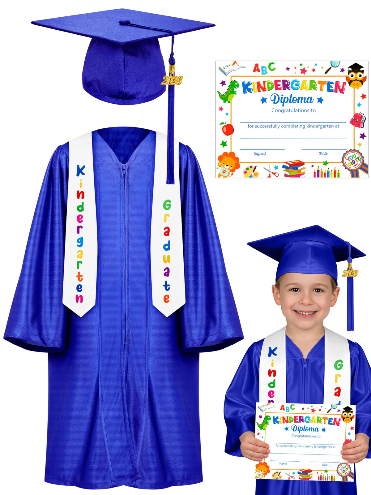 QZYL kindergarten graduation blue gown and cap set ready for memorable photo moments.