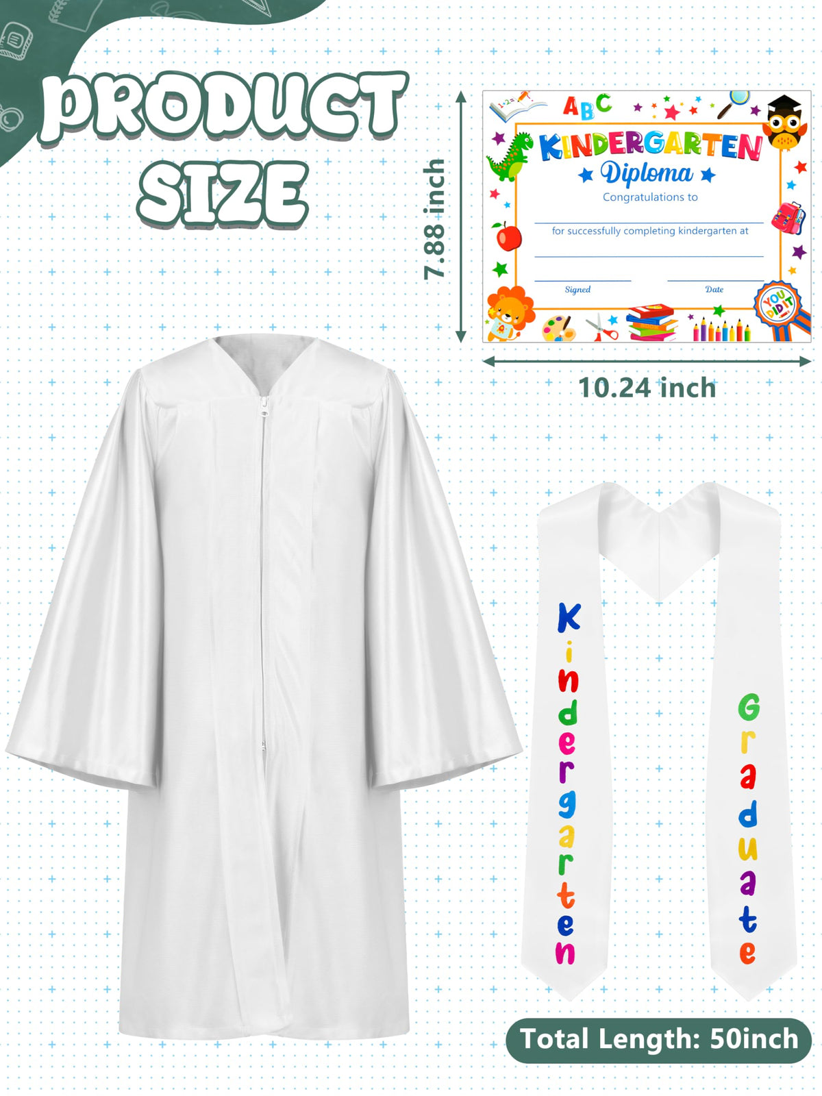 QZYL white graduation gown close-up showing glossy, wrinkle-resistant polyester.
