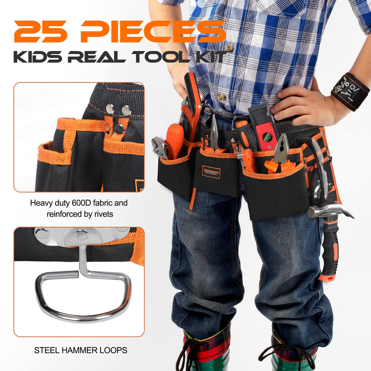R RECOMFIT kid's tool belt worn by a young builder