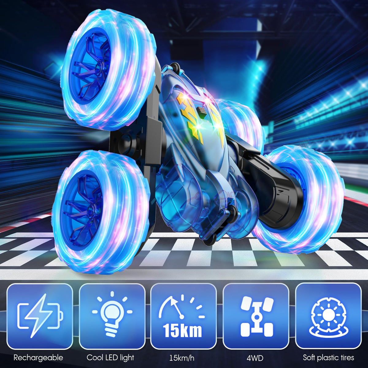 RacingFun blue 4WD off-road truck action for indoor or outdoor uses.