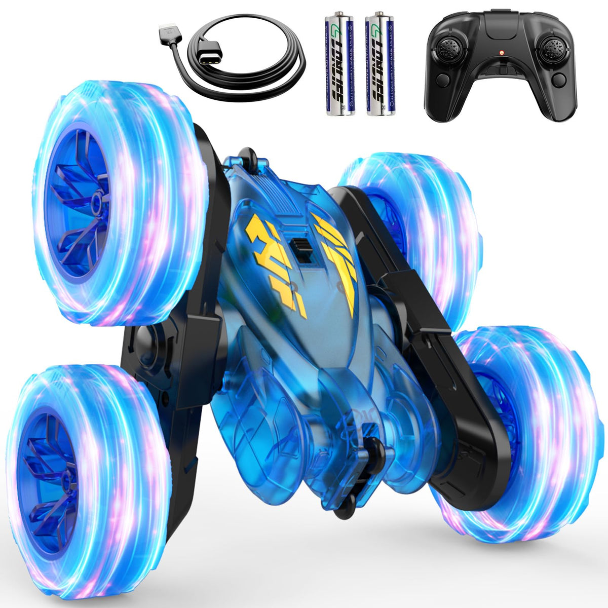 RacingFun blue remote control car front view with vivid LED accents for night play.