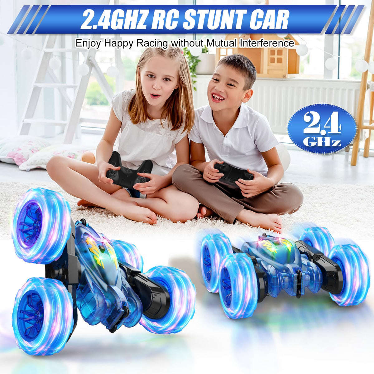 RacingFun blue RC car LED lights illuminate night runs.