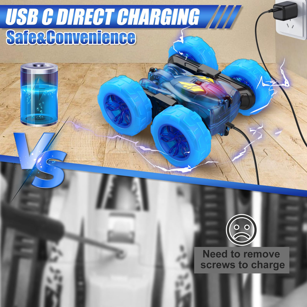 RacingFun blue RC car side view shows rugged 4WD for all terrains.