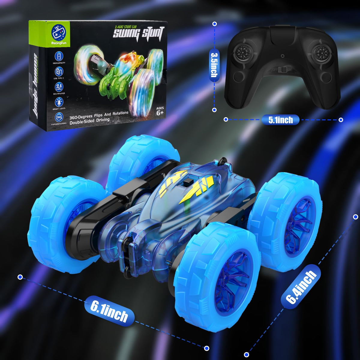 RacingFun blue remote with double-sided steering and 360 rotation.