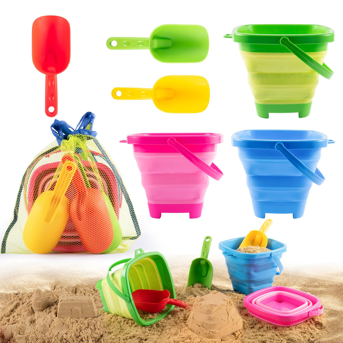 RacingFun collapsible beach buckets ready for quick setup on the shore.