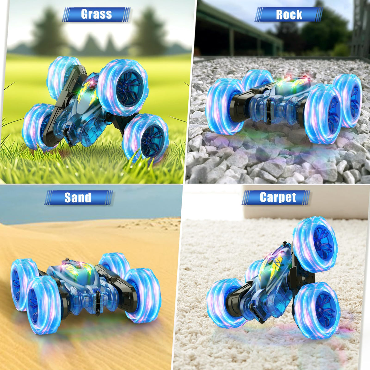RacingFun blue RC car USB-C charging for quick recharges.