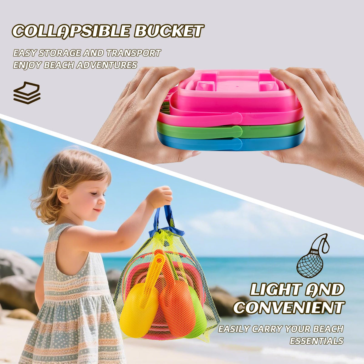RacingFun foldable sand buckets opened for instant play and sand castles.