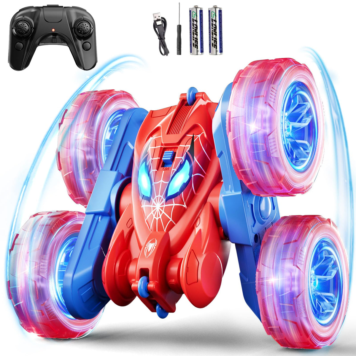 RacingFun Spider RC Car performs 360° stunts for kids ages 6-12.