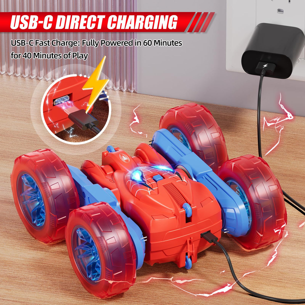 RacingFun Spider RC Car with LED wheel lights for night play.