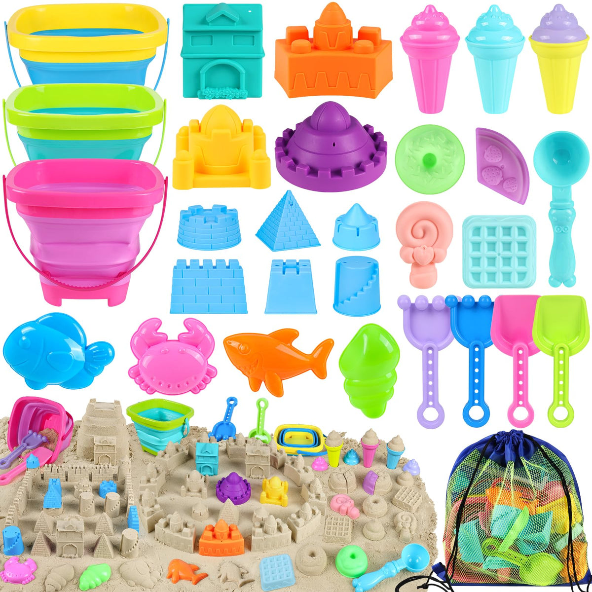 RACPNEL collapsible beach buckets in action for compact travel and sand collection.