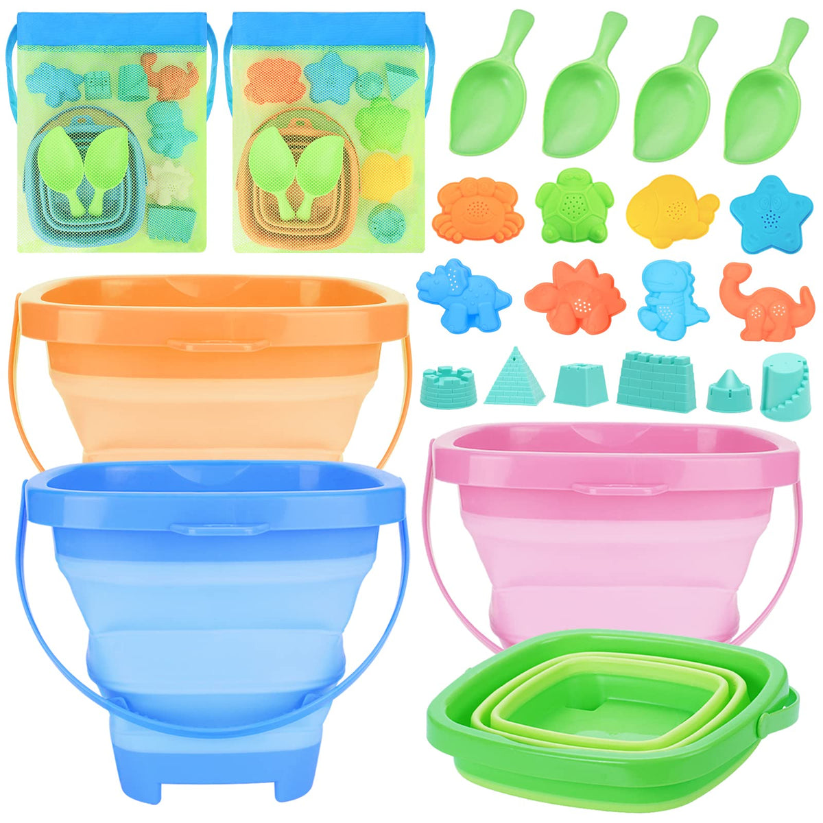 RACPNEL collapsible beach buckets 4-pack, ideal for family beach days and easy storage.