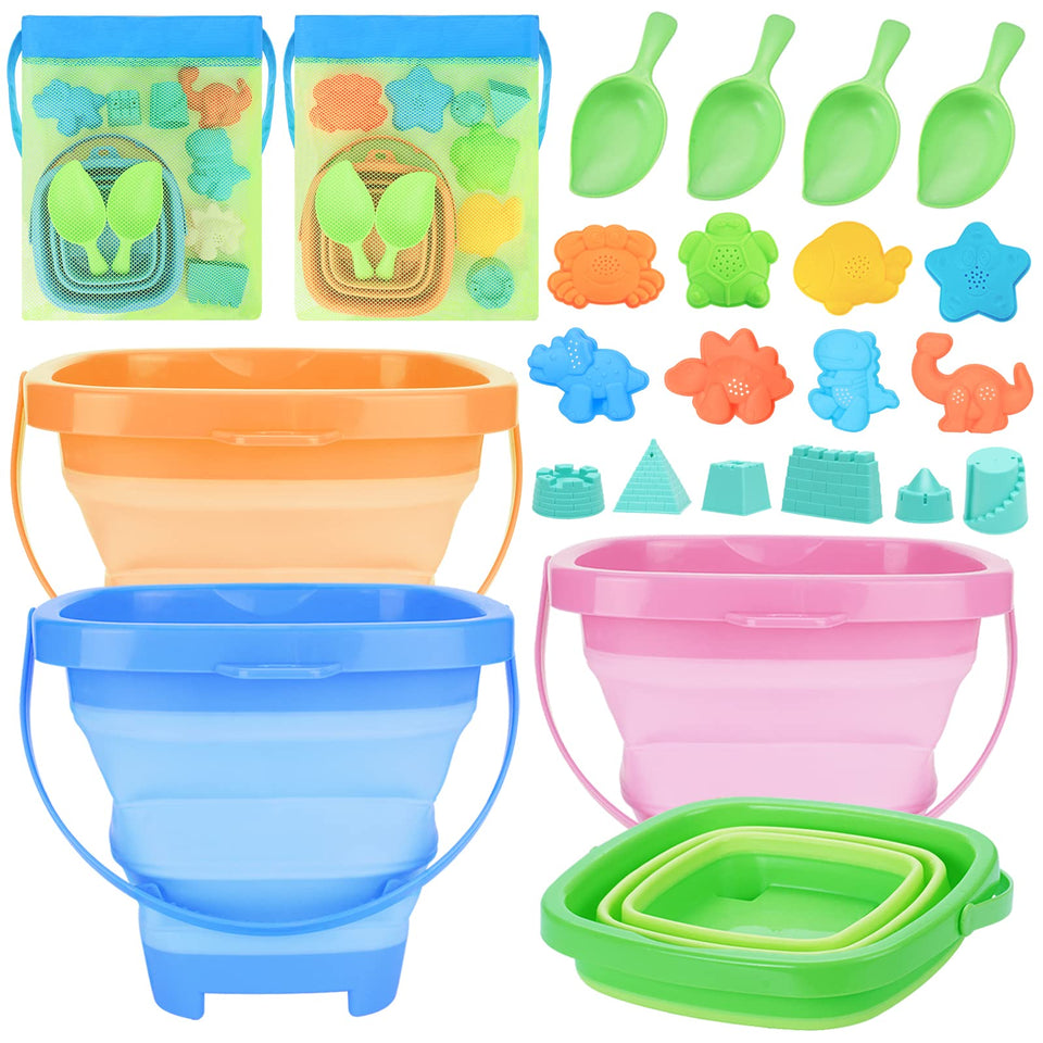 RACPNEL collapsible beach buckets 4-pack, ideal for family beach days and easy storage.