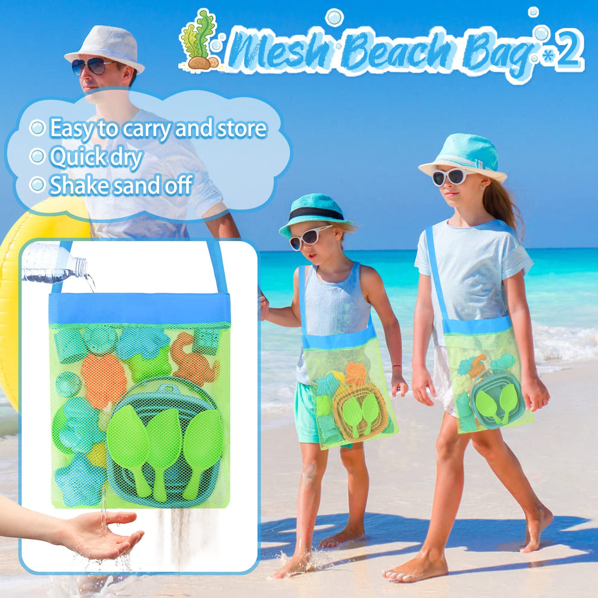RACPNEL mesh beach bag drains sand quickly and keeps toys organized.