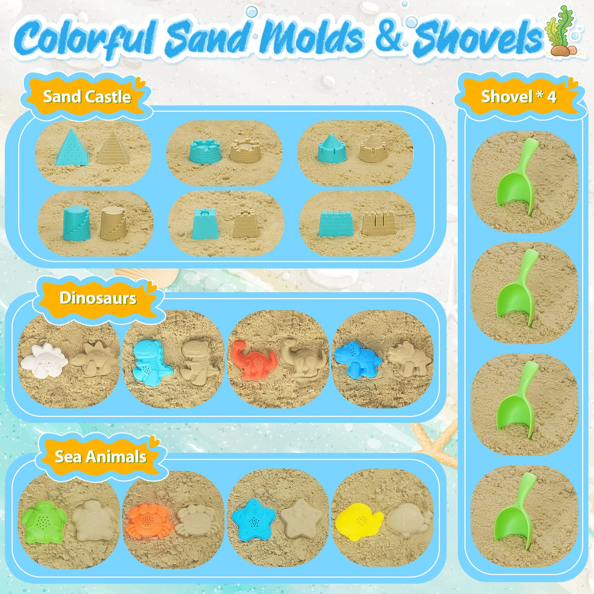 RACPNEL sand castle molds promote creative play and neat cleanup.