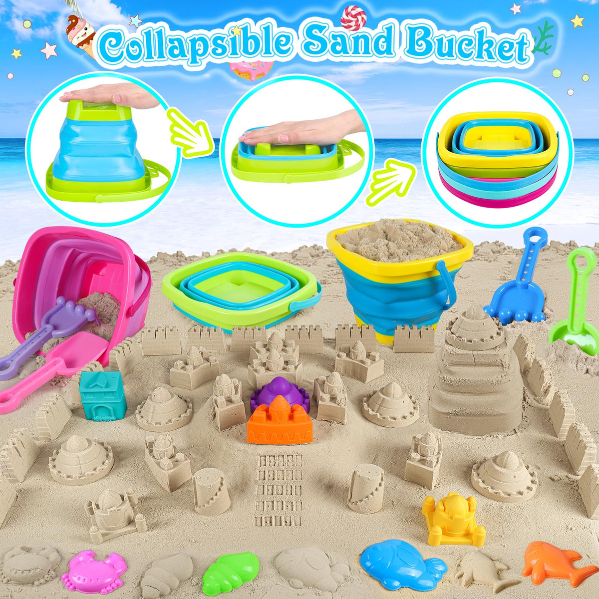 RACPNEL sand castle molds pack with large, medium, and small shapes for creative builds.