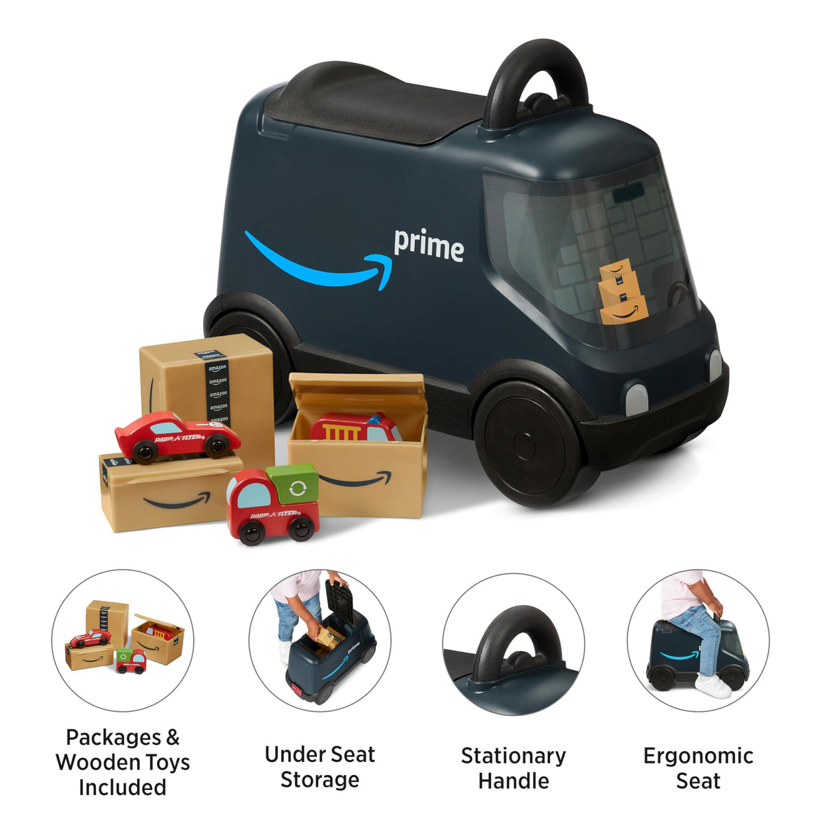 Radio Flyer Amazon Delivery Van stationary handle helps balance and confident steering