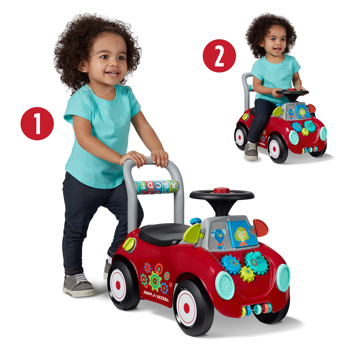 Radio Flyer Busy Buggy ride-on mode lets toddlers scoot with independence.